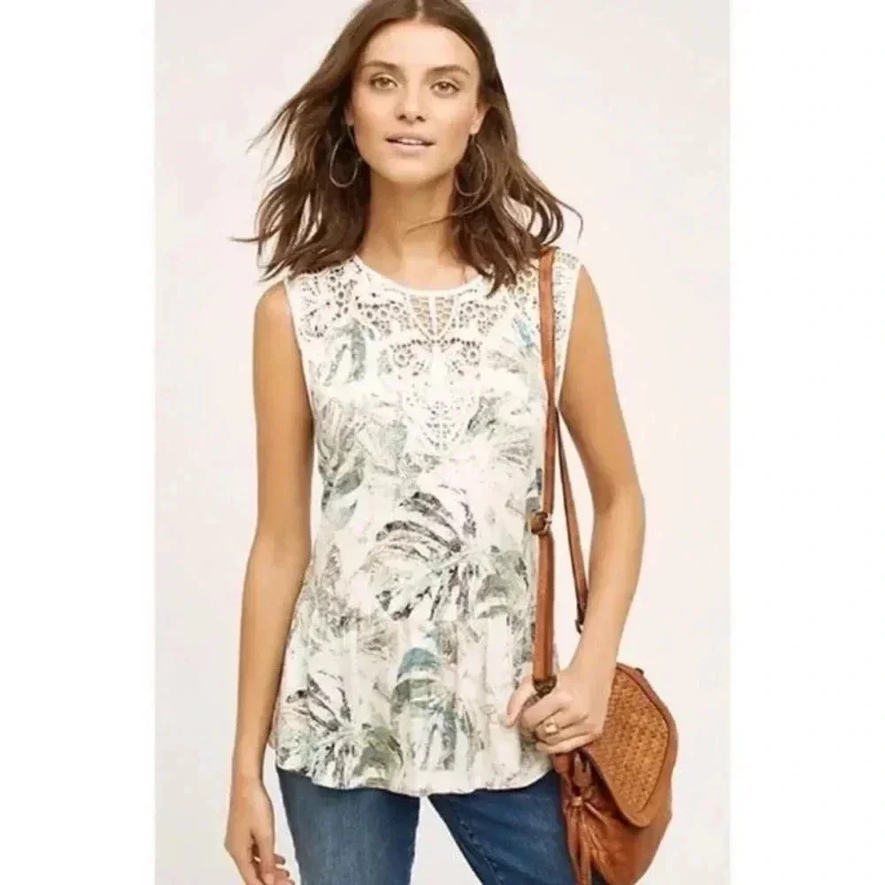 Anthropologie meadow rue lia lace botanical leaf peplum  top medium sleeveless